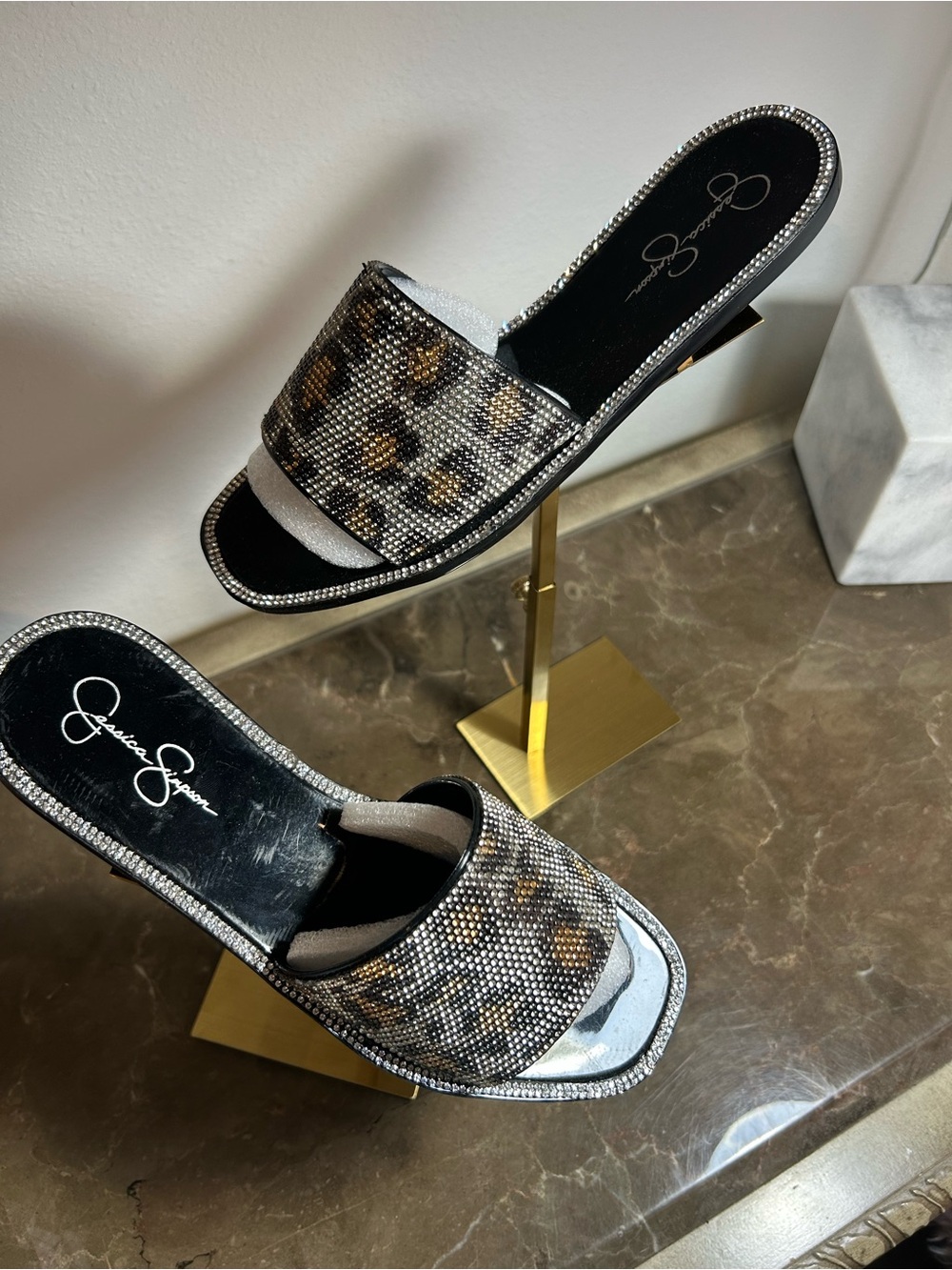 Jessica Simpson Black and Brown Leopard Crystal Slide Mules